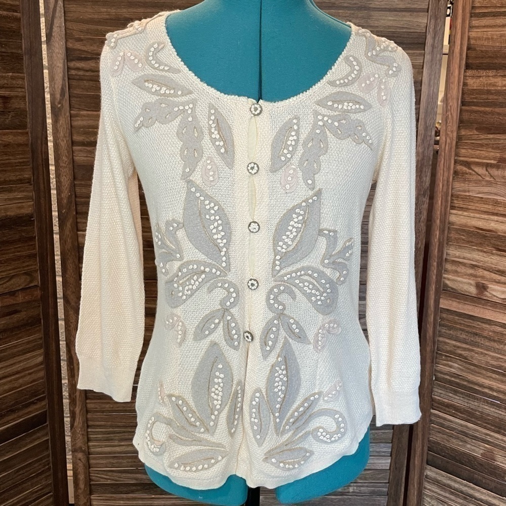 ANTHROPOLOGIE Knitted & Knotted Ivory Cardigan Felt Leaf Cashmere Cotton NWT
